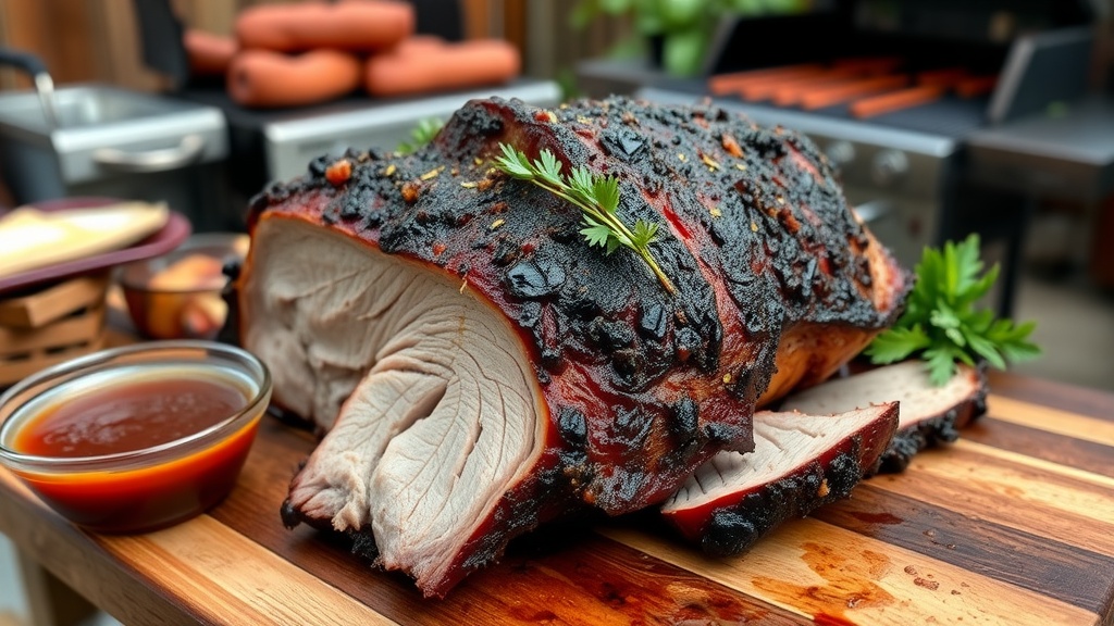 Perfectly Smoked Pork Shoulder Recipe Smoked pork shoulder on a cutting board, garnished with herbs and barbecue sauce, outdoor grilling scene.
